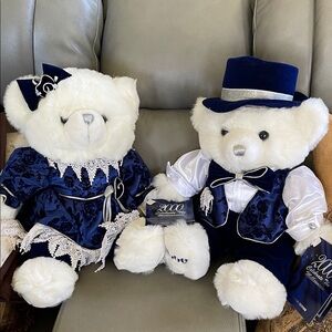 2000 millennium Pair of White Plush Teddy Bears in Navy Blue Formal Outfits